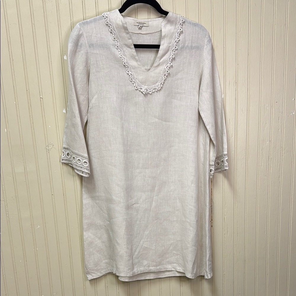 Via Signoria Cream Linen Dress Made in Italy SZ S Lace Trim Boho Beach EUC